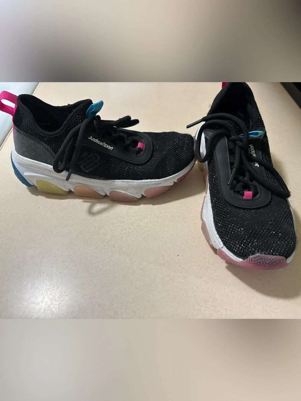 Justice Sport Kids Black Mesh Sneakers with Pink and Blue Accents